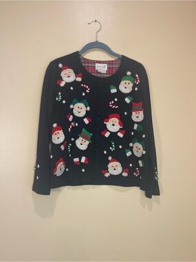 Just B Santa Christmas Cardigan Beaded Applique Beaded Ugly Holiday Sweater S